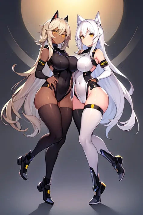 2girls, dark-skinned female, dark skin, white hair, long hair, large breasts, breasts, wide hips, yellow eyes, smile, smirk, smug, bodysuit, black bodysuit, white trim, sleeveless, black pantyhose, pantyhose, futuristic, tech, science-fiction, full body, (...