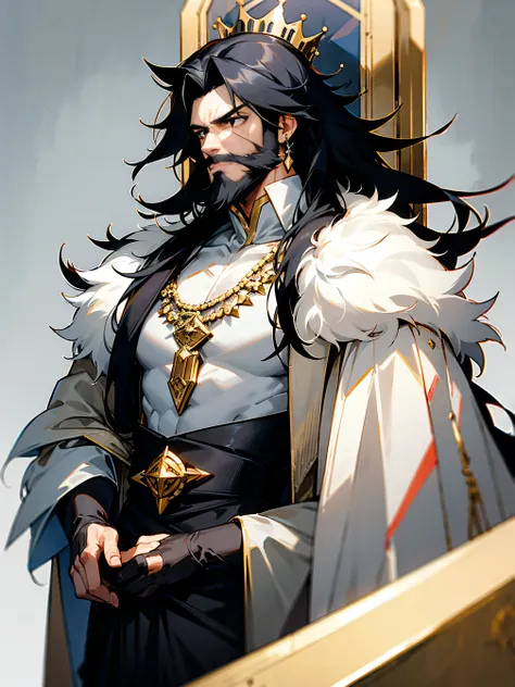 1male, , black hair, long hair, messy hair, black eyes, black beard, gold crown, white fur coat, white body suit, tied to waist, scar on face, jewelry, serious expression, throne, futuristic castle, muscular