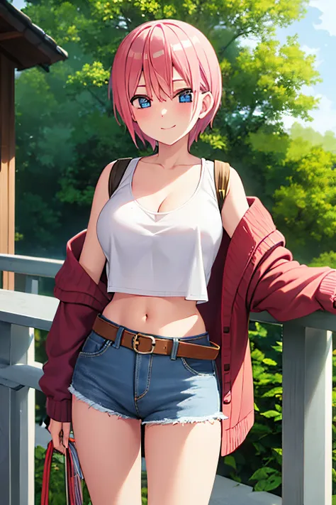 2d, masterpiece, best quality, anime, highly detailed, 1girl, solo, cowboy shot, nakano ichika, pink hair, short hair, cardigan ...