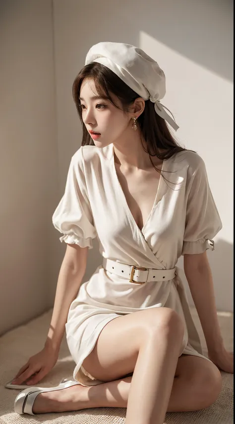 1girl, korean kpop idol and model ,23 years old,soft body, fair skin,close-up, 8k, RAW photo, best quality, masterpiece,realistic, photo-realistic,cute, wrap dress , earrings, High image quality, full body ( leg to head), white heels, ribbon belt, artistic...