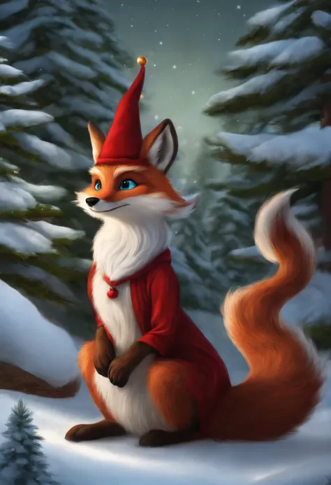 there is a red dragon with a Christmas tree on the snow, furry fantasy art, foxes in a Santa Claus hat, fantasy fox love, adorable digital painting, Dark Fox Mage, full resolution, by Alexander Kucharsky, very very beautiful furry art, Trehhvostaya fox, co...