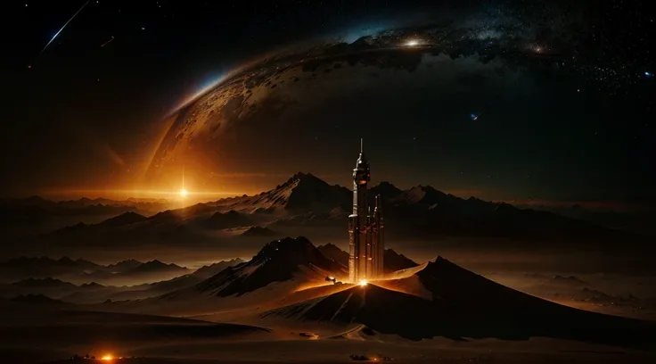 Background facing up showing space, entire planet is orange, decorate the background well, cinematic, epic, fantasy, orchestral