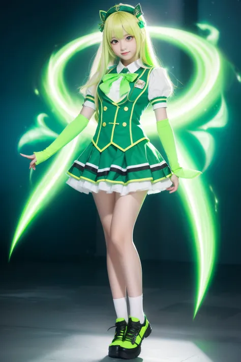 Fantasy style high school girl、full body Esbian、、fluorescent green uniform、、、、Idol face、magic tornado、Light blonde hair