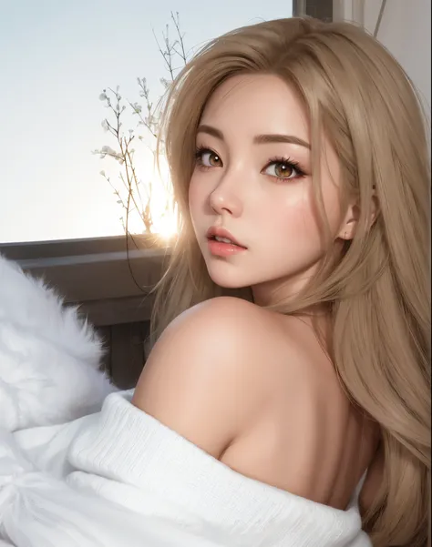 Mujer de pelo rubio con abrigo de piel blanco y vestido blanco posando para la foto., Obras de arte al estilo de Guweiz, Estilo realista de anime 3D, Estilo de realismo de anime, Render fotorrealista de Anime Girl, realistic artistic style, realistic anime...