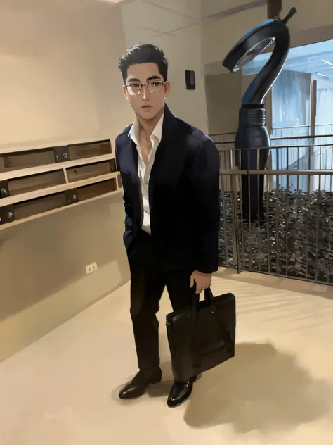 arafed man in navy safari jacket holding a briefcase, he is carrying a black briefcase, wearing navy safari jacket, with a navy safari jacket on, wearing a glasses, ready for a meeting, wearing white shirt, wearing a shiny black shoes