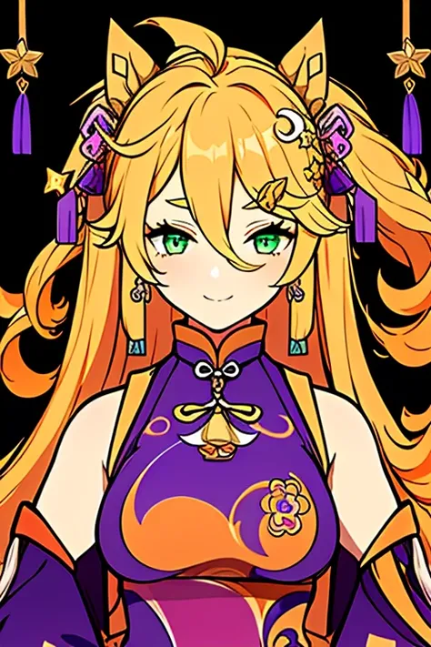 Young woman, blonde hair, ancient Chinese hairstyle, purple and orange and white and golden ancient Chinese dress, amber eyes with stars, purple and orange tail with a star on the tip, purple horns with star charms, soft smile, wedding ring, stars