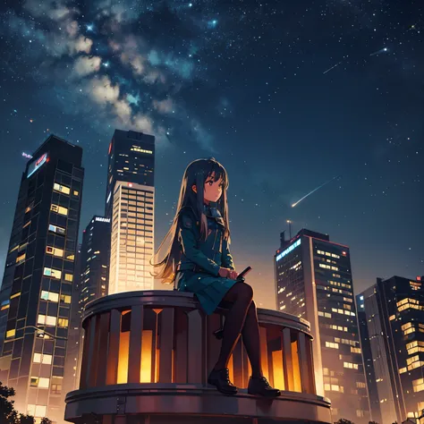 octans, sky, star (sky), scenery, starry sky, night, 1girl, night sky, solo, outdoors, building, cloud, milky way, sitting, tree, long hair, city, silhouette, cityscape