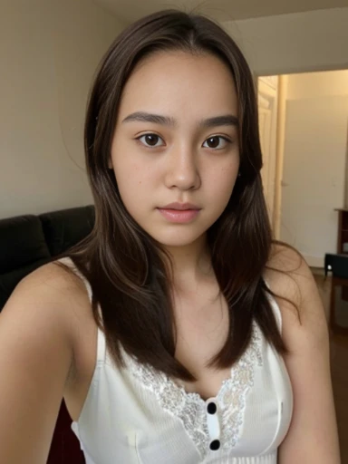 A teenager, taking selfies, with accurate face, without makeup, beautiful face, face picture, normal face, south east asian with round face, 15 years old, wide forehead, neutral face, small heart - shaped face, with kind face, selfie of a young woman, self...