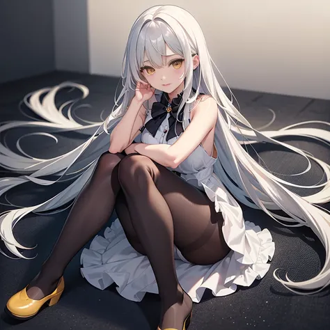 hightquality, hight resolution, Alone、20yr old、The face is small、 A slender、long bright white hair ，Aligned bangs, sharp eye, yellow eyeun look、((full length pantyhose))、Lie down