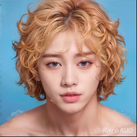 homem arafado com corte de cabelo cacheado e fundo cinza, pale skin curly blond hair, morfologia da face, korean face features, ...