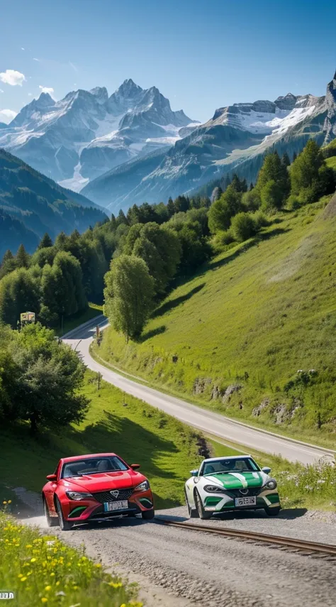 Create a scene,Presents realistic colors and lighting,Realistic,SUV MG MGS, Silver, Authentic decoration set all around the car, With X Motion alloy wheels, 21 inch wheel rim, running on path. Switzerland The background is mountains.. Race with red train, ...