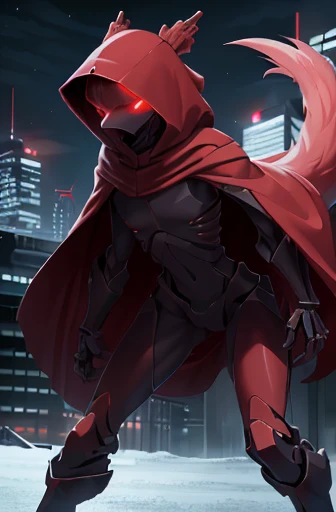 girl, night, snowy city, slender, red hair, special forces, red glowing stealth body suit, red highlights, poncho, fur lined gloves, hood, mechanical digitigrade legs, serious expression, red glowing eyes, furry tail, ((protruding rib bones)), tubes of red...