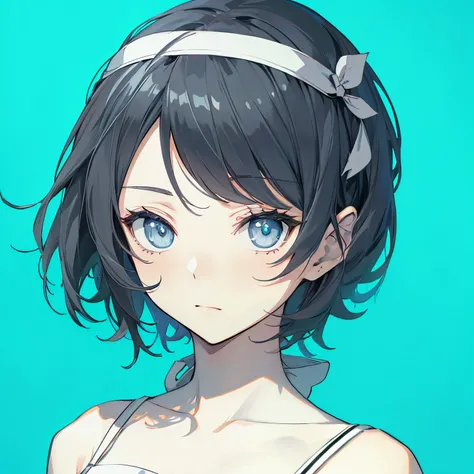 (masutepiece:1.2, Best Quality),  [girl, expressioness, Turquoise eyes, front facing, jet-black hair, Cafe Apron] (Gray white background:1.5),