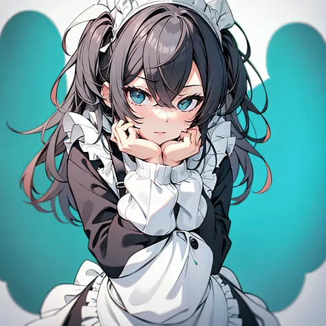 (masutepiece:1.2, best quality),  [girl, expressioness, turquoise eyes, front facing, jet-black hair, cafe apron] (gray white ba...