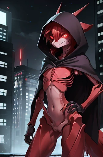 girl, night, snowy city, slender, red hair, special forces, red glowing stealth body suit, poncho, hood, mechanical digitigrade legs, happy expression, red glowing eyes, furry tail, ((protruding rib bones)), ((Protruding hip bones))