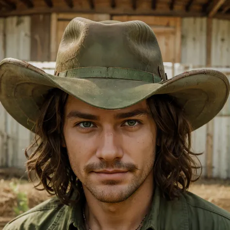 Farm hand, brown hair, curly hair, stubble, light green eyes, cowboy hat, smirking