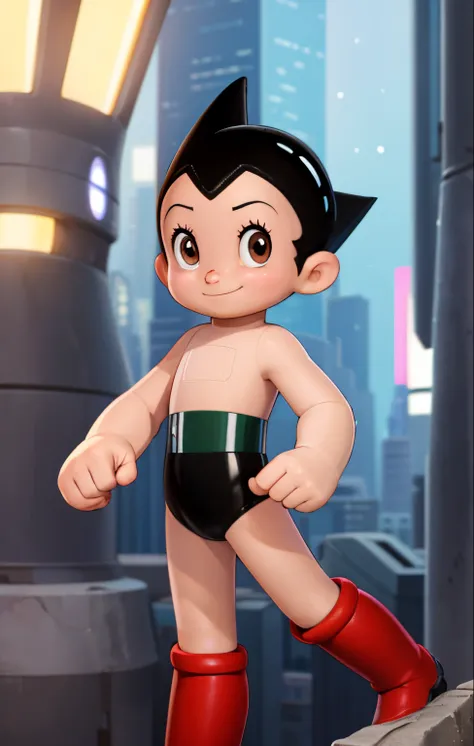 High quality portrait of Astro Boy standing in futuristic city, smiling. looking at viewer, giving a thumbs out, Brown eyes, red boots