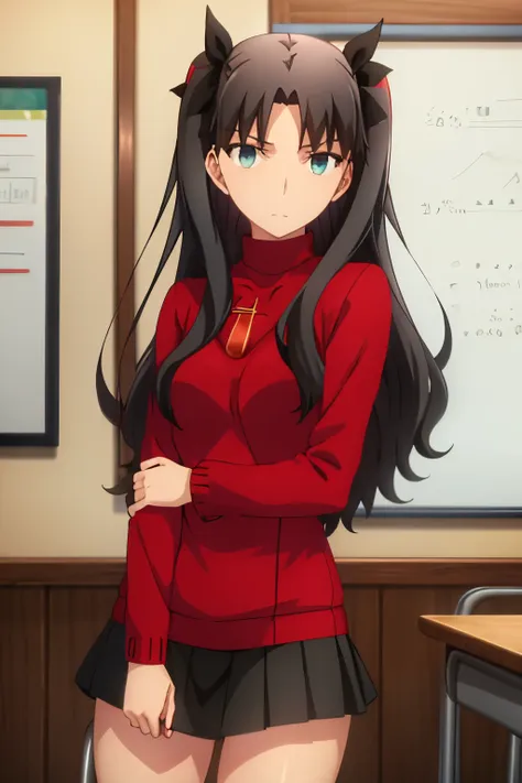 1girl,alone,rin tohsaka,rin tohsaka kyockcho,aqua eyes,(black hair:1.5),hair ribbon,long hair,ribbon,sidelocks,two side up,(part...