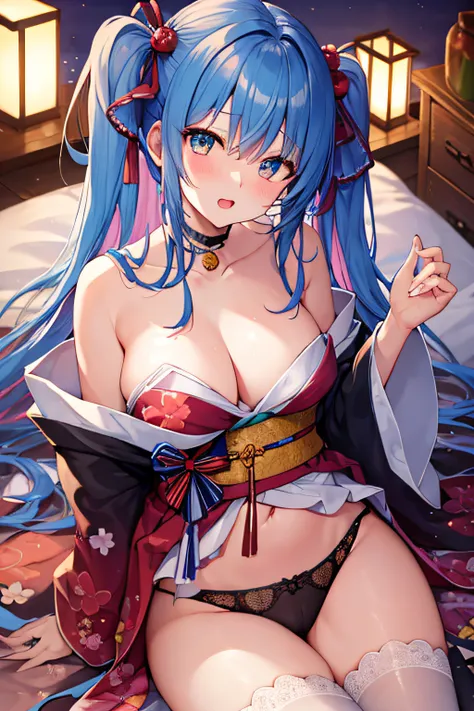 ​masterpiece、Top image quality、超A high resolution、NSFW、miku hatsune、blue hairs、Twin-tailed、Blushing、is in estrus、mock、Open your mouth just a little、Kimono with bare shoulders、firm breasts、well-shaped breasts、spread your legs wide、M-shaped spread legs、Lace ...