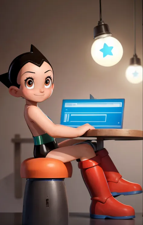 high quality portrait of astro boy sitting laboratory table, laboratory background, smiling. looking at viewer, brown eyes, red ...