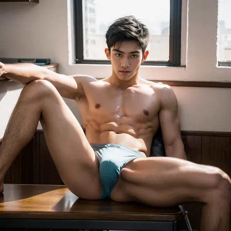 soft lighting , ‎Classroom，lectern，blackboards，male people , (very tight micro g-string thong)，Get wet，bodybuilder , topless，damp hair，The light is even，male people，Youth，leg loops，cool guy，Short broken hair，spread their legs，Masturbation，cool guy，20year o...