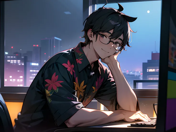 male people,Black glasses,A dark-haired,Colorful Aloha Shirt,Use headphones,inside in room,In front of a computer,Lots of CDs,You can see the night view from the window,Coffee,gaming console,countryside,A big smile