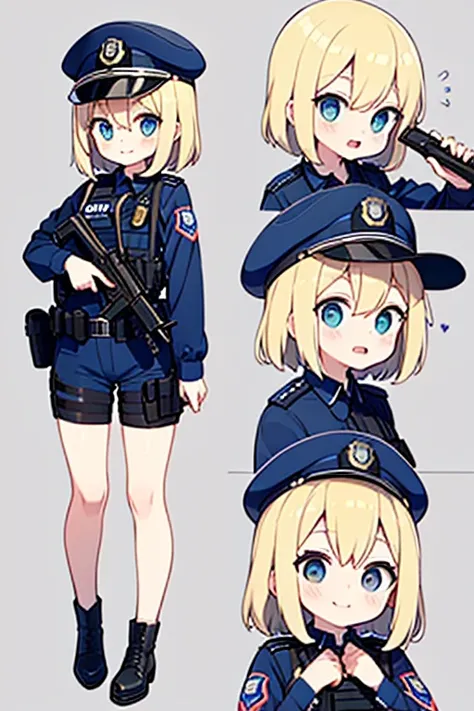 (masterpiece), best quality, expressive eyes, perfect face, loli, blonde, blush, smile, happy, full body, small, young, cute, holster, police hat, police uniform, police officer