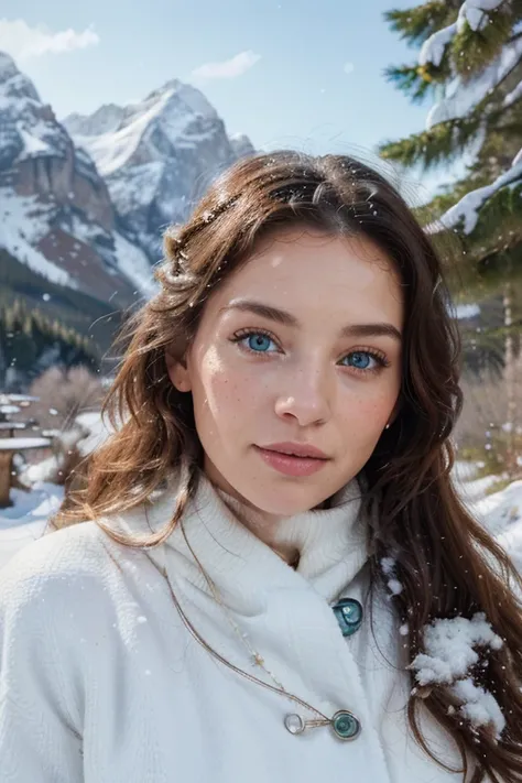 (best quality,8k,highres,masterpiece:1.2),photorealistic,ultra-detailed,vibrant photography of a woman in mountains ,snow,finely detailed beautiful eyes,fine detailed skin,Natural big mountains with covered with snow freezed riversblissful vibes,freckled f...