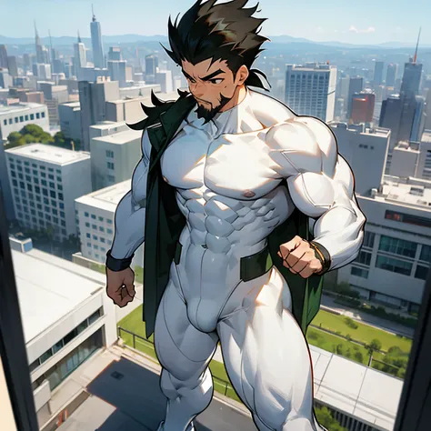 1male, , gon hair  black eyes, White combat clothing, standing on building, overlooking modern city, muscular , White Body Suit Underneath , muscular build , Goatee Facial Hair