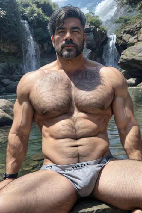 Cantonese uncle, China，male people，he is about 60 years old，Rough and handsome lookig waist round，Chest hair，Sit by the water，Wear boxer pantieuzz cut, vred, scowling, Best quality, Masterpiece，Cascades waterfalls background，（Tattoo on the chest：1.5），（musc...