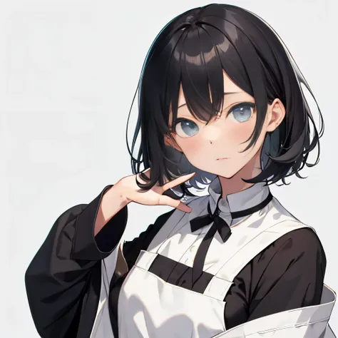 【Highest Quality, masutepiece】 [1 girl in, Manteau, expressioness, turquoise Eyes, front facing, Jet-black hair,straight haired, Bery short hair ,Cafe Apron] (Gray white background:1.5), No smile, Does not blush cheeks,