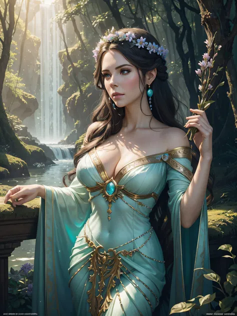 portrait of: arafed woman in a flowing iridescent pearl white dress in a forest, aqua ethereal light, goddess of light, heather theurer, beautiful maiden, fey queen of the summer forest, ethereal light, goddess of the forest, ethereal fantasy, magali ville...