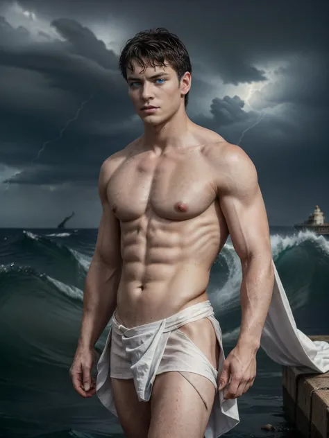 ((masterpiece)),((best quality)),8k, high detailed, ultra-detailed, Stylish Pose, real skin texture, dark cinematic lighting, 18-year-old male model, handsome, cute looking, divine look, (powerful light blue eyes:1.6), (Poseidon god:1.5), god of the seas, ...