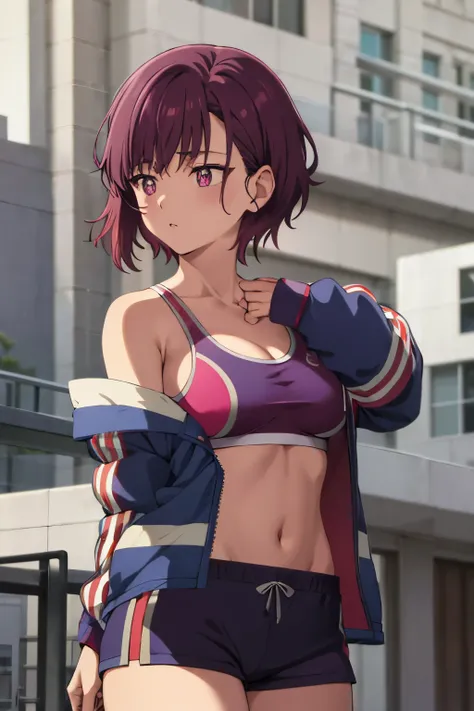 shizuka mikazuki, short hair, red hairpin, dark purple hair, purple eyes, pink sport bra, pink sport short, dark purple thighthi...