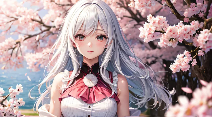 Beautiful anime girl with white hair, cherry trees in the background