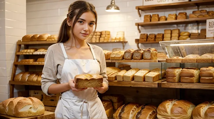 Beautiful girl in a bakery, girl bakes bread