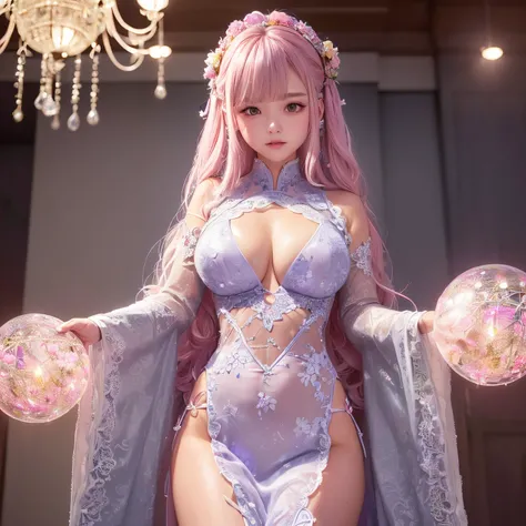 The upper part of the body、one girls、i have silver hair color、Two-tone、(Pink Highlight Hair、Curly hair/floral hair band、very Bigger breasts、(The highlight is the gorgeous floral lace)Ao Dai、The chest is open、with slit、Shining magic circle、Countless glowing...