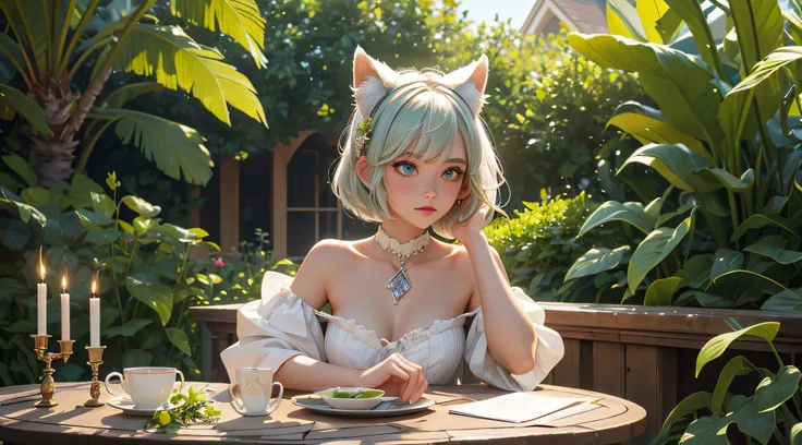 masterpiece, best quality,ultra-detailed,hyper details, cinematic light,, 1girl, solo, sit, outdoor, summerhouse, sitting in the summerhouse,  plants, table, chandelier, candle, wind, green eyes, pan-green silver hair, short hair, animal_ears, animal_ear_f...