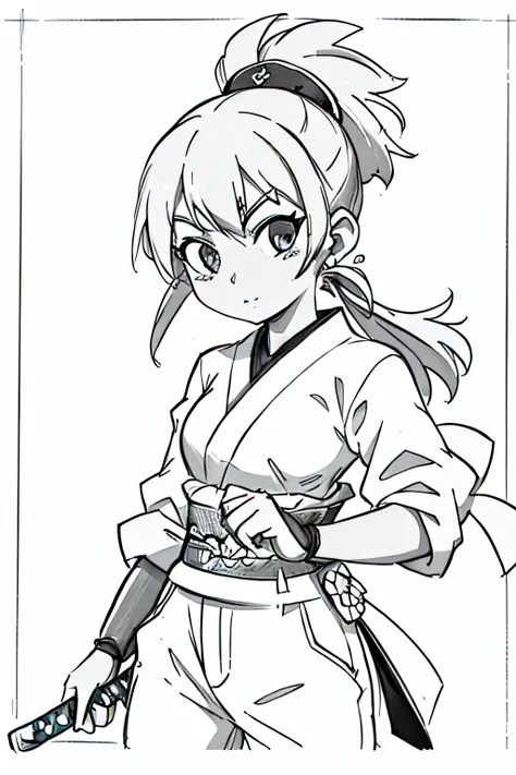 monocromatic, GREYSCALE, mulher japonesa com katana em uma montanha