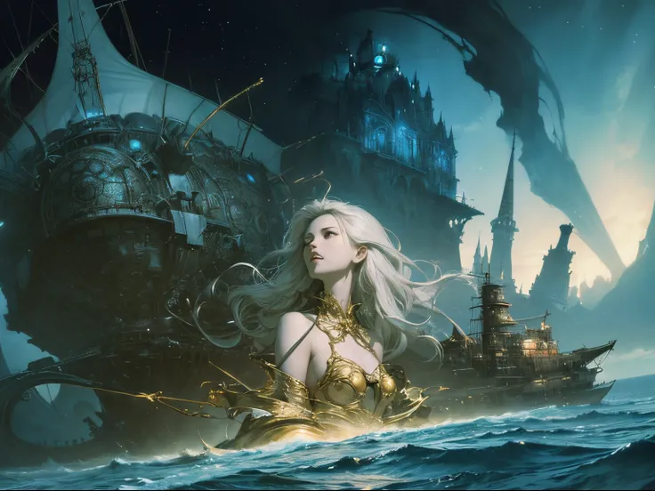 Jaroslaw Jasnikowski, Minako Narita, Surreal, mysterious, strange, fantastical, fantasy, Sci-fi, Japanese anime, when the earth was a universe, voyage, constellations sleeping in the sea, beautiful girl, perfect voluminous body, detailed masterpiece