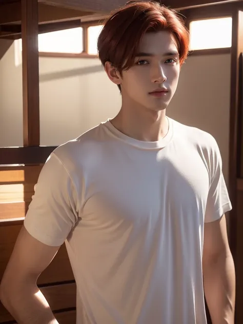 a handsome,Young men, Realistic and exactly the same short red hair , realistic outfit ,Realistic light, realistic shadow, Realism, Hyper realistic,(Photorealistic:1.2), normal small eyes