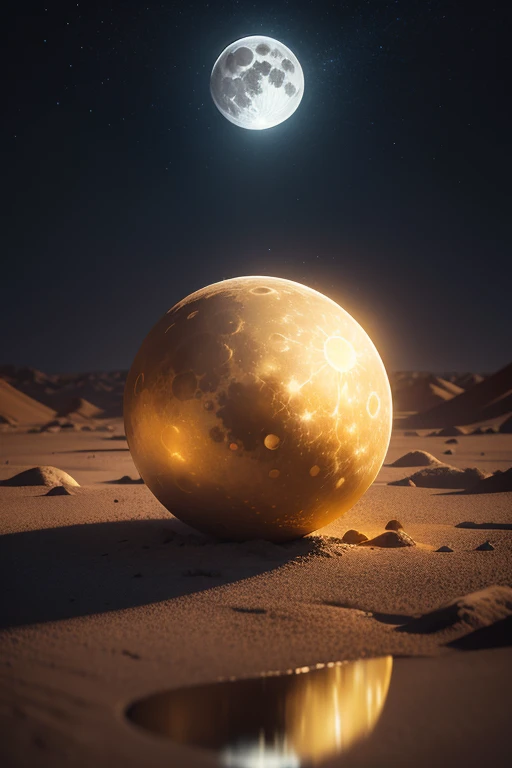 ７two golden balls、full moon scene，light，ground texture，Photorealsitic，hyper HD，Volumetriclighting，Rich details，surreal reflection mapping，intense light and shadow，Vacant land，The moon&#39;s light illuminates the earth diagonally