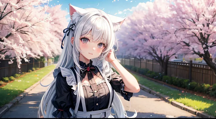 cute anime girl with white hair, cat ears, cherry trees in the background