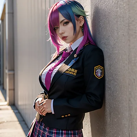 1girl, solo, mature, bimbo, gutter punk, school uniform, rainbow colored hair, serious, arrogant face, large breasts, leaning against wall, long hair