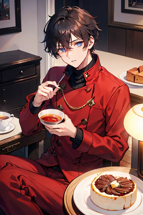 male people　A dark-haired　blue eyess　Red coat　Sweaters　slacks　long boots　cake and tea　​masterpiece　Top image quality　denoise　Clear 　cinematic shadow　Increased attractiveness of the eyes　Clear the shine of the eyes　Draw eyelashes neatly　Perfect Eye　A detail...