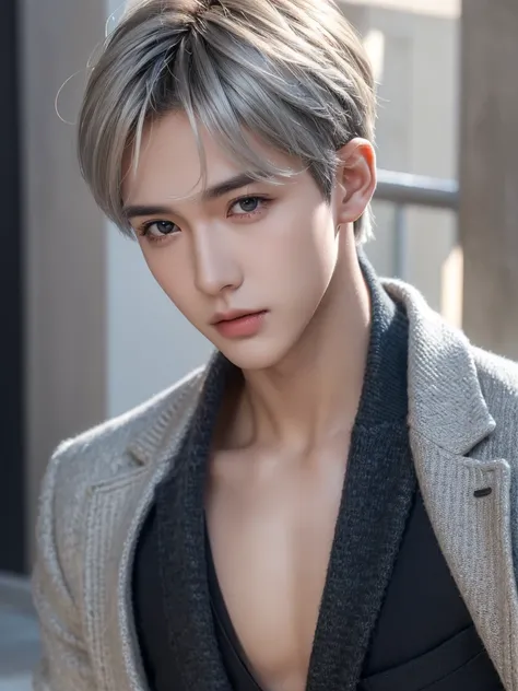 a handsome,Young men, Realistic and exactly the same short silver hair , realistic outfit ,Realistic light, realistic shadow, Realism, Hyper realistic,(Photorealistic:1.2), normal small eyes