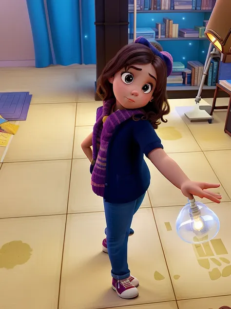 A girl standing in front, illuminated by the light of a lamp, Against the backdrop of a library, disney, pixar, calidad alta