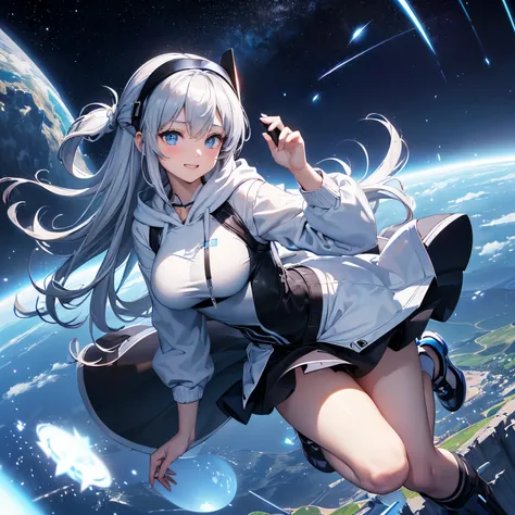 top-quality、highest image quality、master-piece、teen girl((White and blue hoodie、Black Skirt、age is 18 years old、 Eger、Best breasts、Big Bass,Beautiful light blue eyes., long silver hair、Sleek,Large valley、Reflecting the whole body.、leaning forward、Attach th...