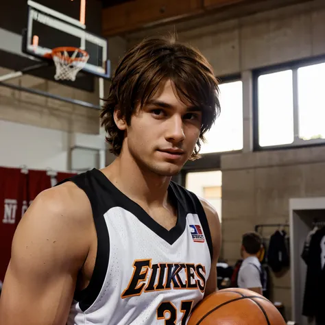 Male basketball player with brown fluffy hair