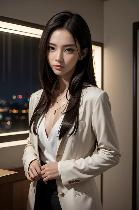 ((Night view from inside the building)), (Photoreal Stick:1.5, masutepiece:1.5, 8K), (top-quality, ​masterpiece, 超A high resolution), Professional camera work:1.4, Highly detailed skin and facial texture:1.3, Mystical portrait, Grow Light Effect, Perfect d...